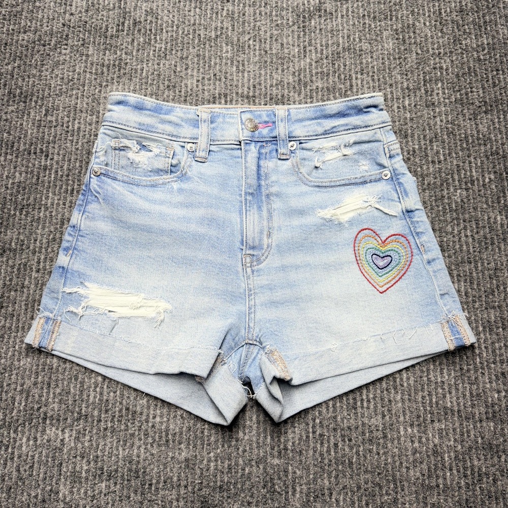 American Eagle Pride Mom Shorts Womens 000 Rainbow Heart Distressed Denim